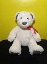 Aurora Plush Bear LEVI White Teddy Brown Nose Red Bow Sitting 14" Stuffed Toy