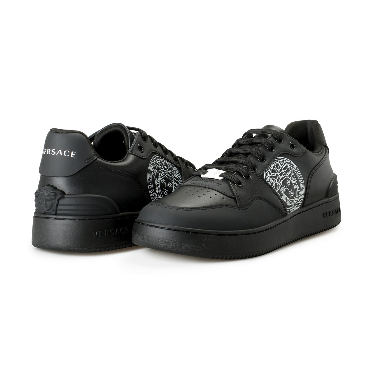 【送料&関税込】Versace Logo Detail Leather Sneakers Versace Men's Medusa Logo Black Leather Sneakers Shoes US 9
