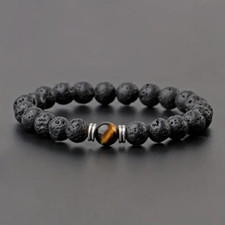 Bracciale perle in PIETRA LAVICA pietre dure NERO Occhio di tigre Regalo da Uomo