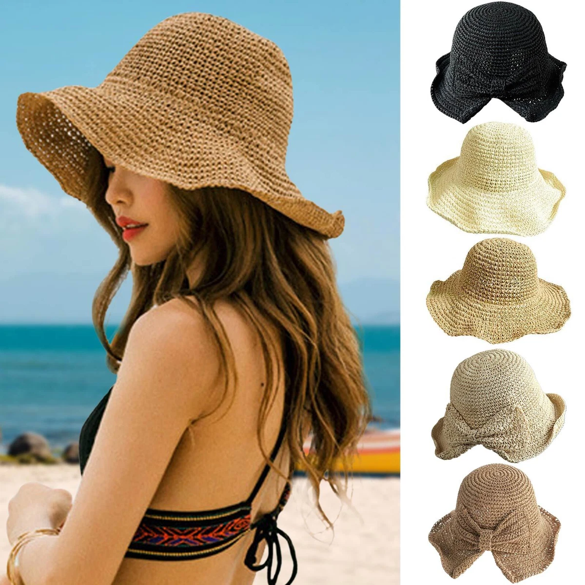 Bow Sun Hats Adjustable Beach Raffia Summer Wide Brim Visor Straw Women  Floppy