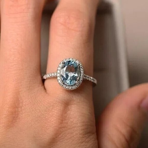 3.Ct Oval Cut Simulated Aquamarine Lovely Halo Wedding Ring 14K White Gold solid - Picture 2 of 6