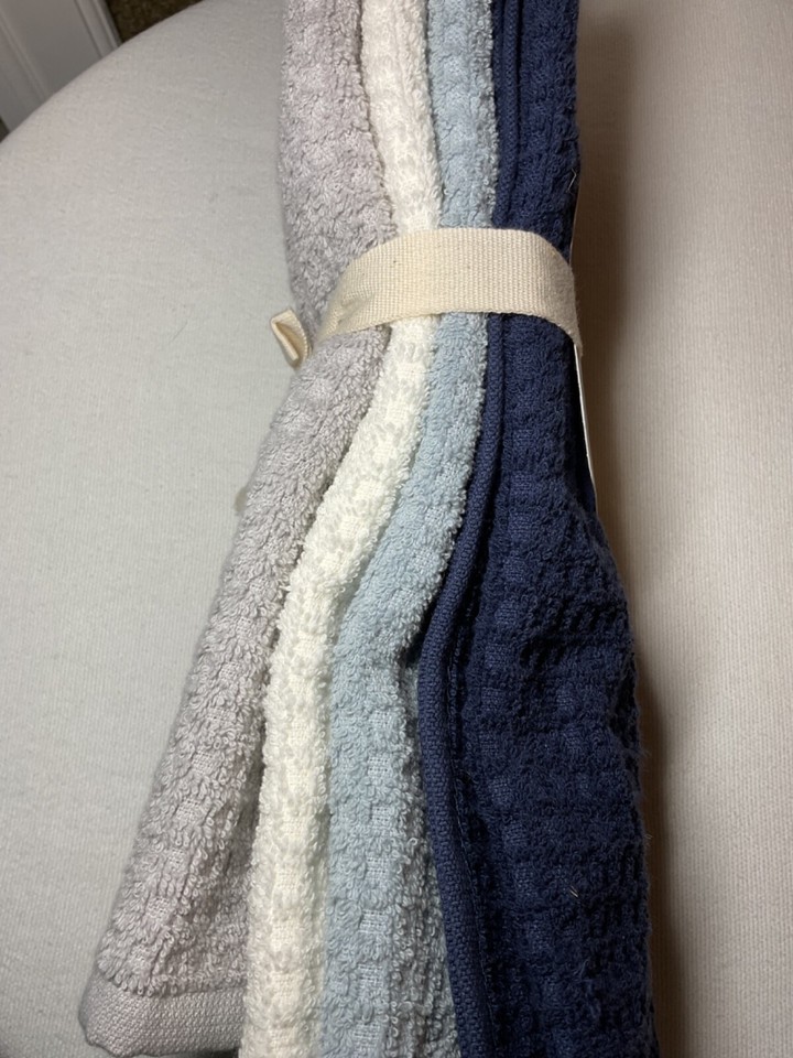 THYME & SAGE KITCHEN TOWELS (4) NAVY BLUE GRAY WAFFLE TURKISH COTTON 16