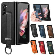 For Samsung Galaxy Z Fold5/4/3 Slim PU Leather Hand Strap Stand Ring Case Cover 