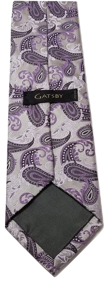 Corbata para el cuello Gatsby pura seda italiana púrpura claro gris hecha a mano estampado cachemira para hombre Foto 2 de 4