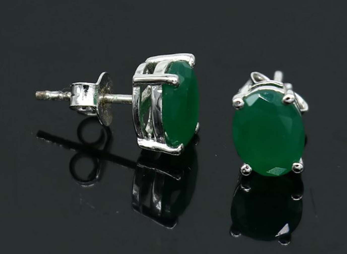 1.50 Ct Oval Emerald Stud Earrings in Sterling Silver for Women