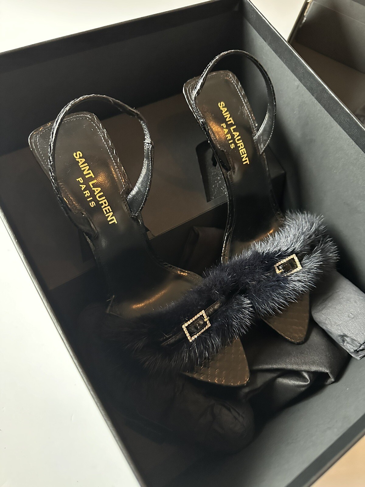 Tacchi Saint Laurent Ilona Slingback Blu Notte & Nero 36 5 Nuovi con scatola $1495