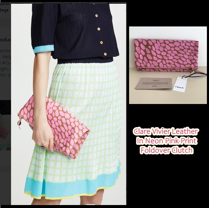 Clare Vivier Leather In Neon Pink Print Foldover Clutch Rare