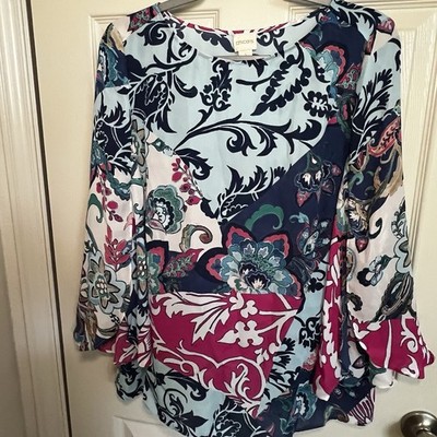 Chicos Womens Top Blue Pink Floral Bell Sleeve Size 1 (Small)