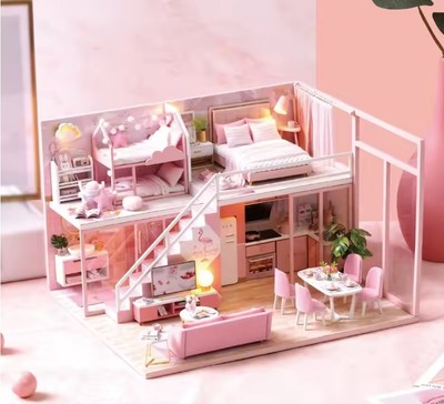 DIY PUPPENHAUS MIT BELEUCHTUNG, komplettes Holzset, rosa Spielzeug Puppenstubenprojekt