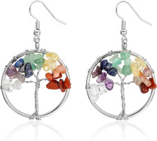 Women Silver Tree of Life Drop Earrings 7 Chakra Matural Tumbled Gemstone