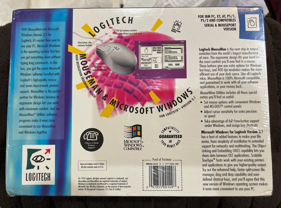 Logitech Mouseman Microsoft Windows 3.1 Right Hand Mouse Combo 1992 Vintage NIB - Image 3 of 4