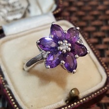 925 Sterling Silver Natural Amethyst White Topaz Flower Ring UK Size Q US 8