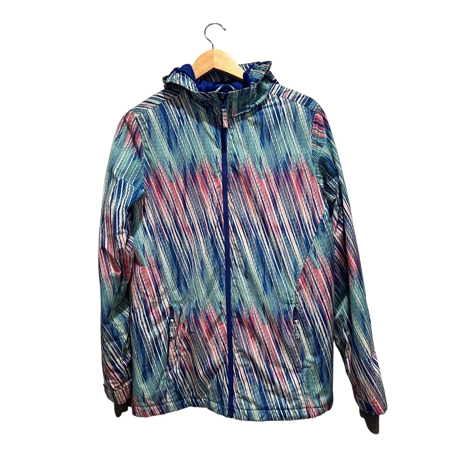Lands End Kids XXL Hooded Puffer Jacket Blue Pink Geometric Print Full Zip