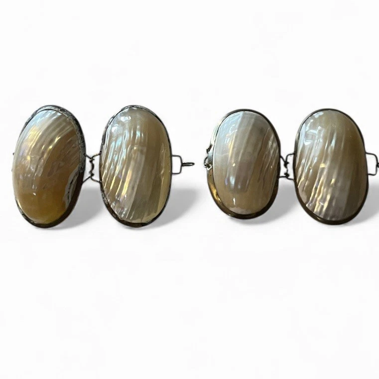 "Antiguo par de cajas de monedero con caparazón de madreperla de 2"" de colección con carcasa de almeja" Foto 3 de 4