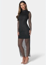 BEBE Diamante Crystal Mesh Gown Maxi Dress Bodycon Black Rhinestones Size S