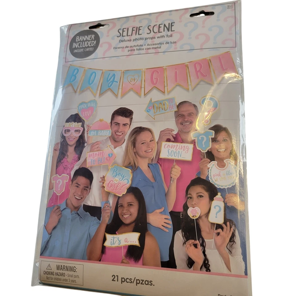 Conjunto de accesorios para fotos de escena selfie revelación de género de bebé - 21 piezas con pancarta Foto 4 de 4