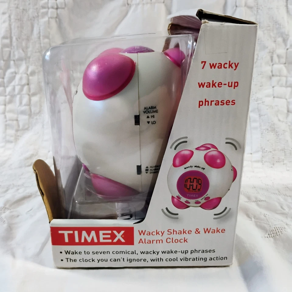Timex T156B Wacky Wake-Up Shake N Wake rosa y blanco vibrante alarma parlante rara Foto 4 de 4