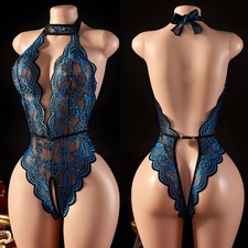 Women Sleepwear Bodysuit Sexy Lingerie Crotchless Lace V-neck Nightwear Babydoll