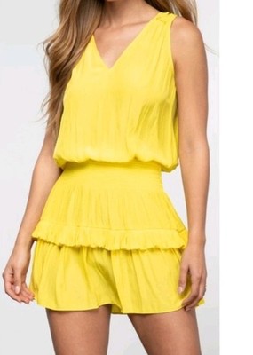 Ramy Brook Kiara Smocked Waist Tiered Yellow Ruffled Mini Dress V-Neck Small  