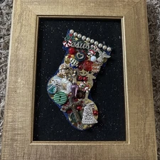 Vintage Jewelry Art Christmas "Stocking" Framed, Handmade,  10x8 Inch, Excellent