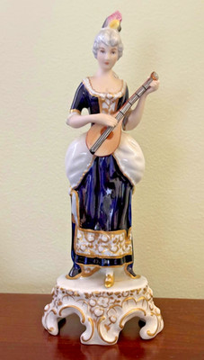Antique Royal Dux Czech Bohemia Porcelain Lady with Mandolin Figurine 8.5'' tall