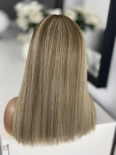 Hervorgehobene Brondie blond warm braun Lace Bob 16" 100% Echthaar Glatthaar Perücke - Bild 7 von 13