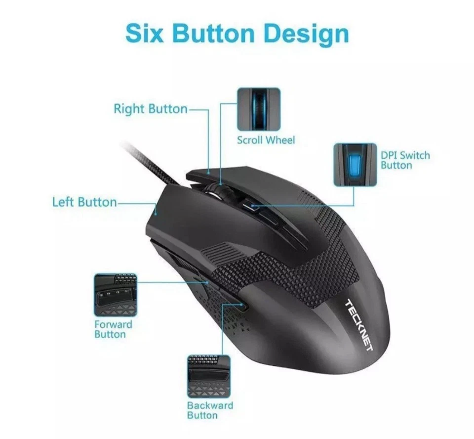 Tecknet Raptor 6 Button 3200dpi Wired Gaming Mouse, Black - M268 Free P&P UK Stk - Image 2 of 4