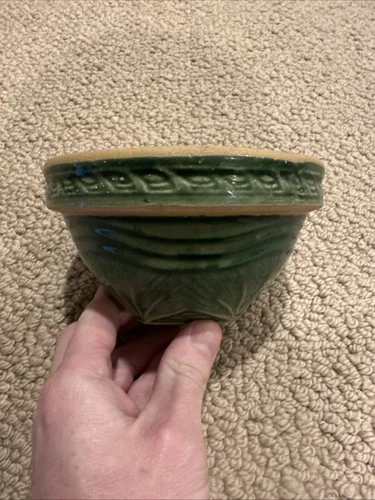 Vintage McCoy Pottery Sunburst Crock Bowl Green Glazed Yellow Ware 5 3/8”
