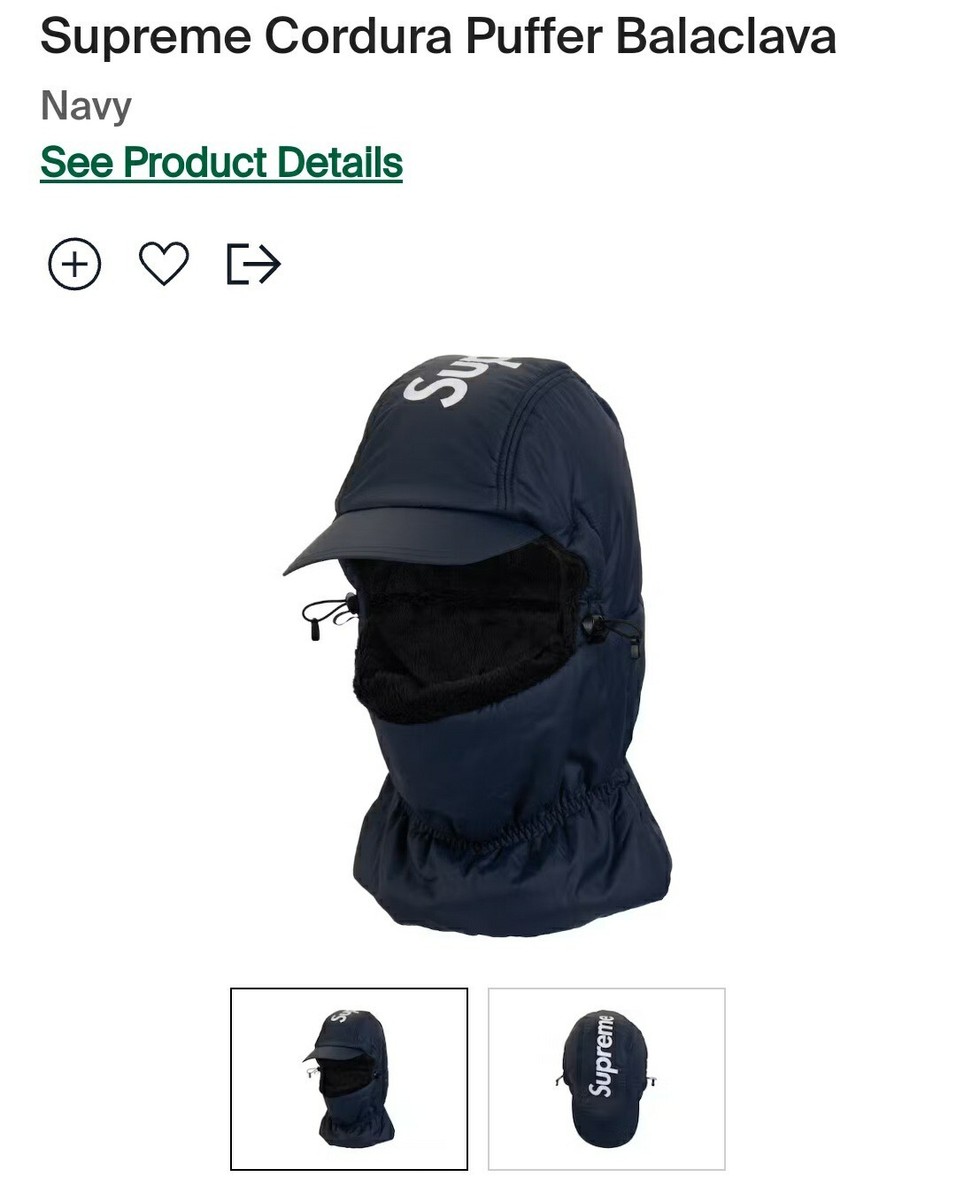 帽子 Supreme Cordura Puffer Balaclava Black Supreme Cordura Puffer Balaclava (FW22) - $88