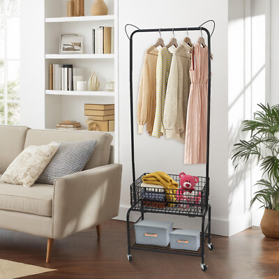 3in1 Collapsible Rolling Heavy Duty Clothing Garment Rack Storage Cart w/Shelves