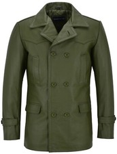 Kriegsmarine Army Green Herren German WW2 Cowhide Leather Deck Jacket Pea Coat