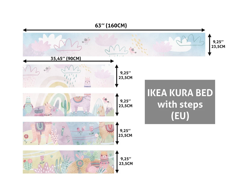 Calcomanía colorida de cuento de hadas y lama IKEA Kura para cama, acuarela arco iris, pegatina para cama Foto 3 de 4