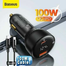 Baseus 100W Dual USB Type-C Car Charger Combo Kit Digital Display For iPhone