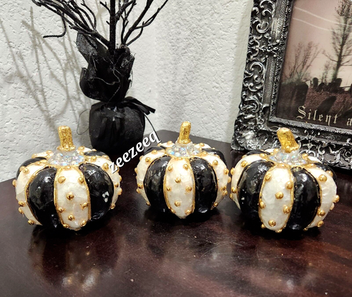 Halloween Herbst Mackenzie Stil verzierte Capiz Kürbisse mit Schmucksteinen schwarz weiß