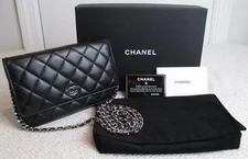 AUTHENTIC CHANEL WALLET ON CHAIN SILVER HARDWARE BLACK QUILTED LAMBSKIN LEATHER