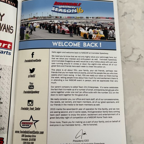 Irwindale Speedway Program 2015 Temporada 16 Sábado Noches Bajo Luces NASCAR - Imagen 6 de 8