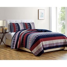 Blue Red Plaid Striped 3 pc Quilt Coverlet Set Cotton Twin Full Queen King Bed