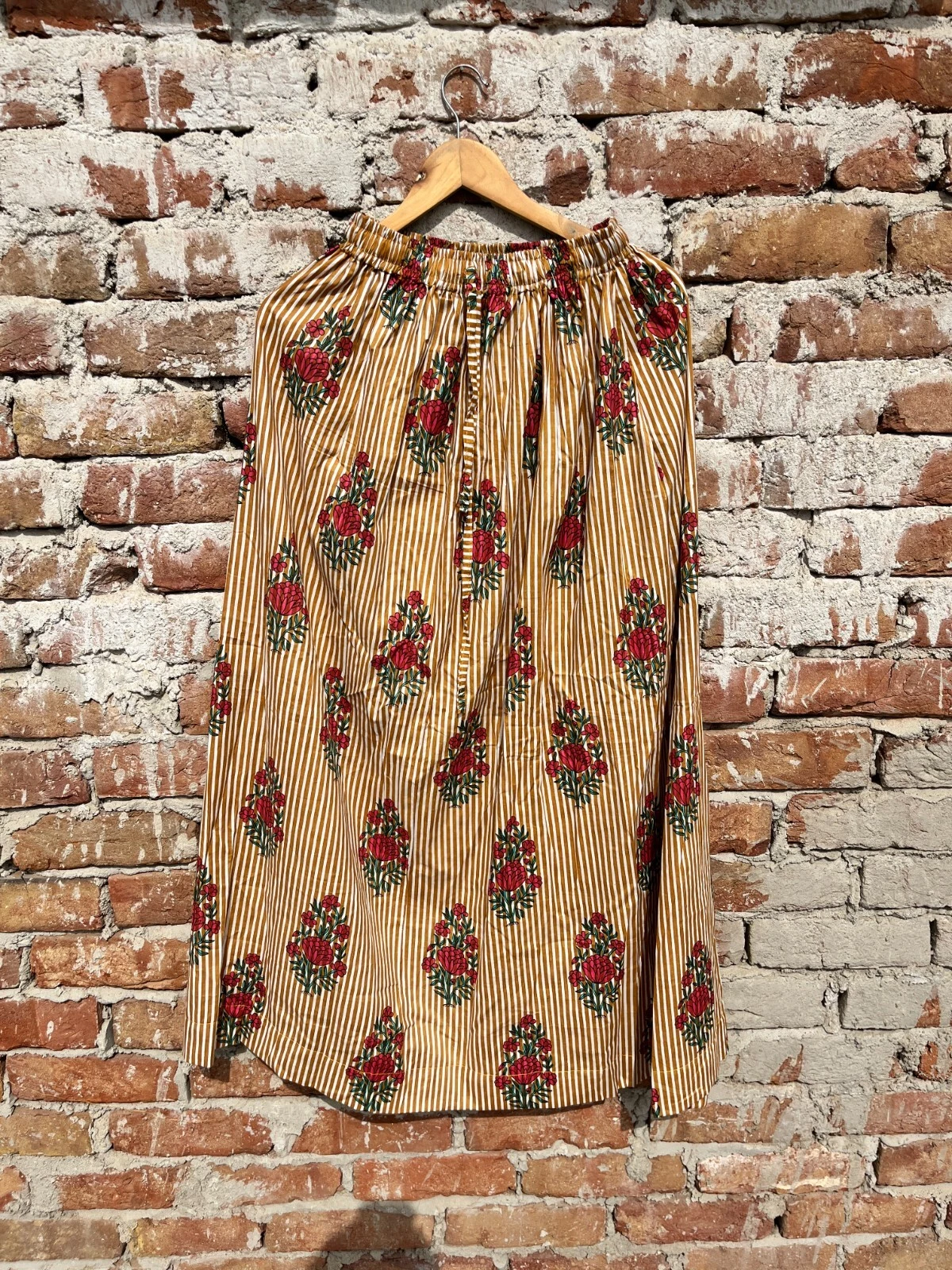 Indian Yellow Cotton Striped Floral Skirt Women's Clothing Partywear Skirts US