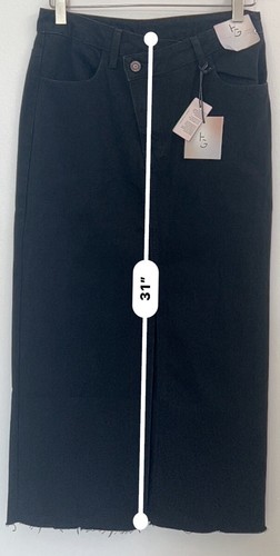 Black Denim 3/25 Long Maxi Skirt Happily Grey Off Center Button Raw Hem Slit NWT - Picture 5 of 9