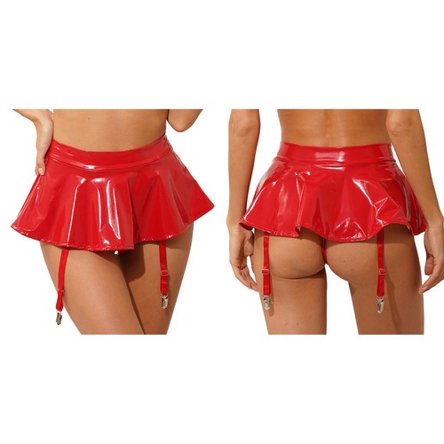Womens Miniskirt PVC Clubwear Shiny Skirts Faux Leather Suspender Novelty Rave - Picture 5 of 45