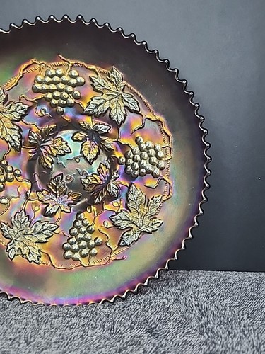 VTG Northwood Grapes and Cable Amethyst gold Carnival Ruffled Edge Glass Bowl - Picture 4 of 23
