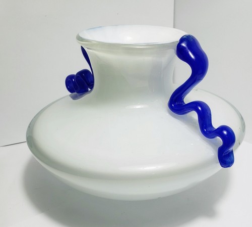 S. Puccini Art Glass Vase 5½" Italy Murano White Glass Cobalt Blue Handle Large - Picture 6 of 13