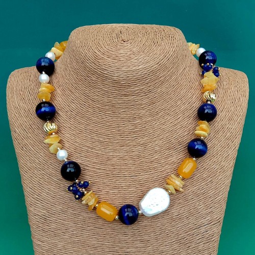 Freshwater White Pearl Natural Amber Blue Tiger Eye Choker Necklace Holiday - Picture 3 of 6