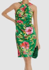 Eliza J Women's Green Satin Floral Twisted High-Neck Sleeveless Dress Size 4
