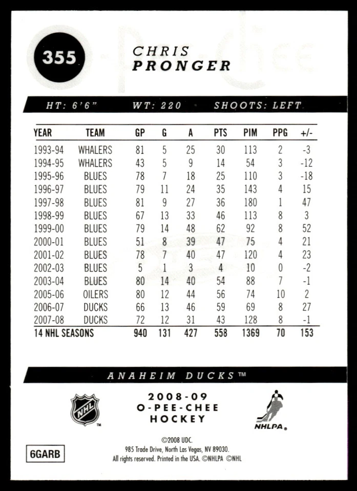 2008-09 O-Pee-Chee Gold Chris Pronger Anaheim Ducks #355 - Image 2 of 2