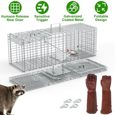 Humane Catch and Release Live Animal Cat Trap Cage Live Raccoon Trap with Gloves