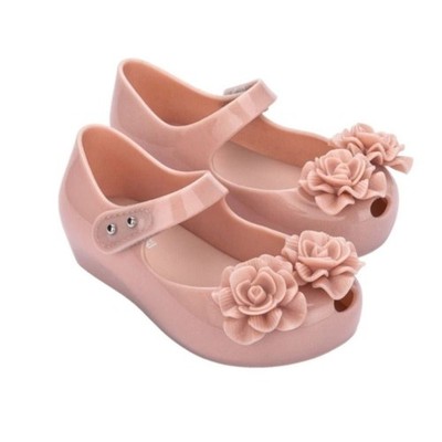 (S4)Mini Melissa big girl shoes, Mary Jane style, size 9, pale pink with glitter