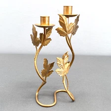 A Teleflora Gift Double Candlestick 10-1/3" Tall w/ Leaves Golden Brown Speckled