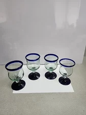 4 Mexican Blown Wine/Juice Stemmed Glasses with Blue Rims/Base