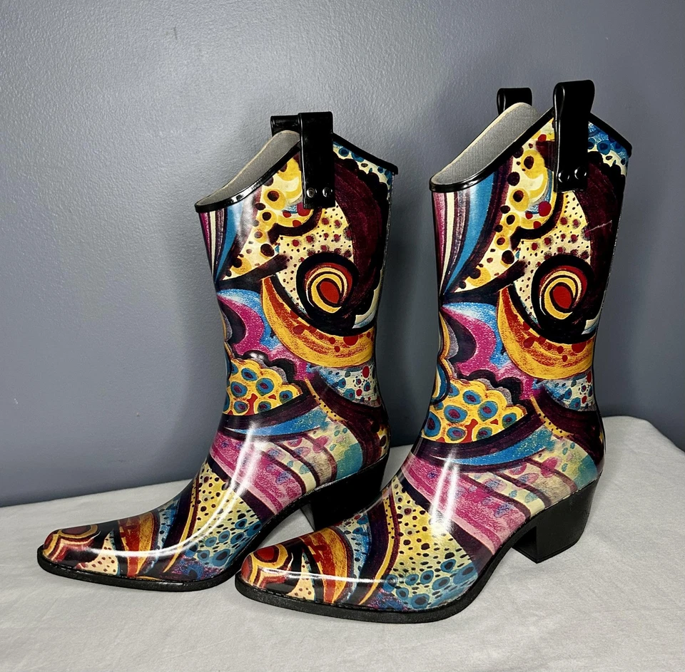 Botas Nomad Para Mujer Talla 9 Yippy Vaquero Occidental Lluvia Goma Pull On Arte Para Usar Foto 3 de 4